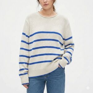 GAP 100% Cotton Cream with Cobalt Blue Stripes Oversized Slouchy Sweater Sz XXL